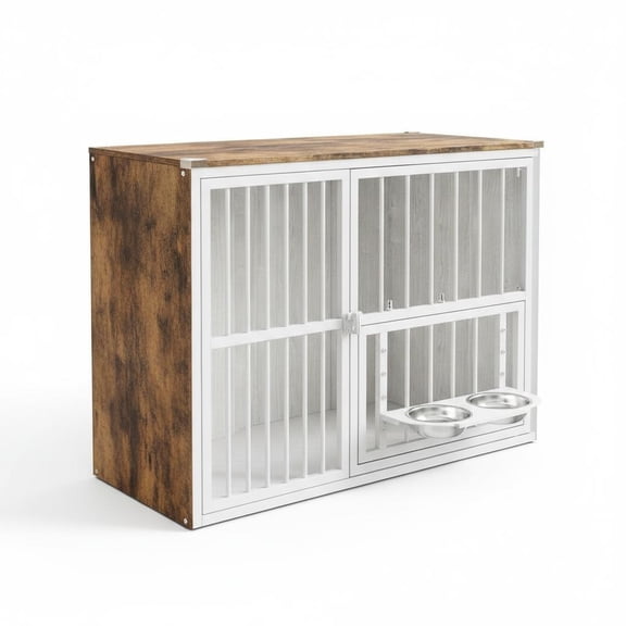 Space-Saving Corner Dog Crate Furniture for Small Breeds Wooden Indoor Kennel End Table with 360 Retrowashediron frame Retro Washed White