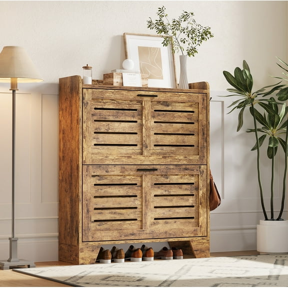 Roromall Shoe Cabinet Storage for Entryway, Narrow Shoe Cabinet with 2 Flip Drawers, Freestanding Hidden Slim Shoe Organizer Cabinet with Hooks for Foyer, Hallway, Garage