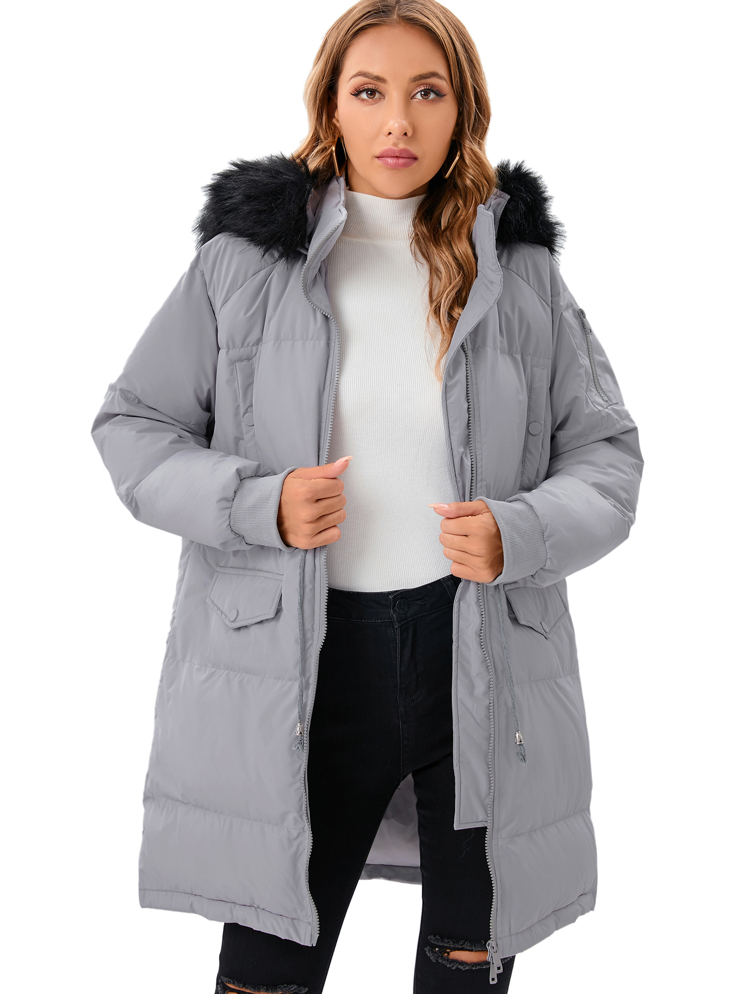 LELINTA Women's Winter Long Down Jacket Thickened Outwear Warm Puffer Fur Trim Hooded Coat Waterproof Rain Zip Parka, Black/ Camouflage - image 3 of 7