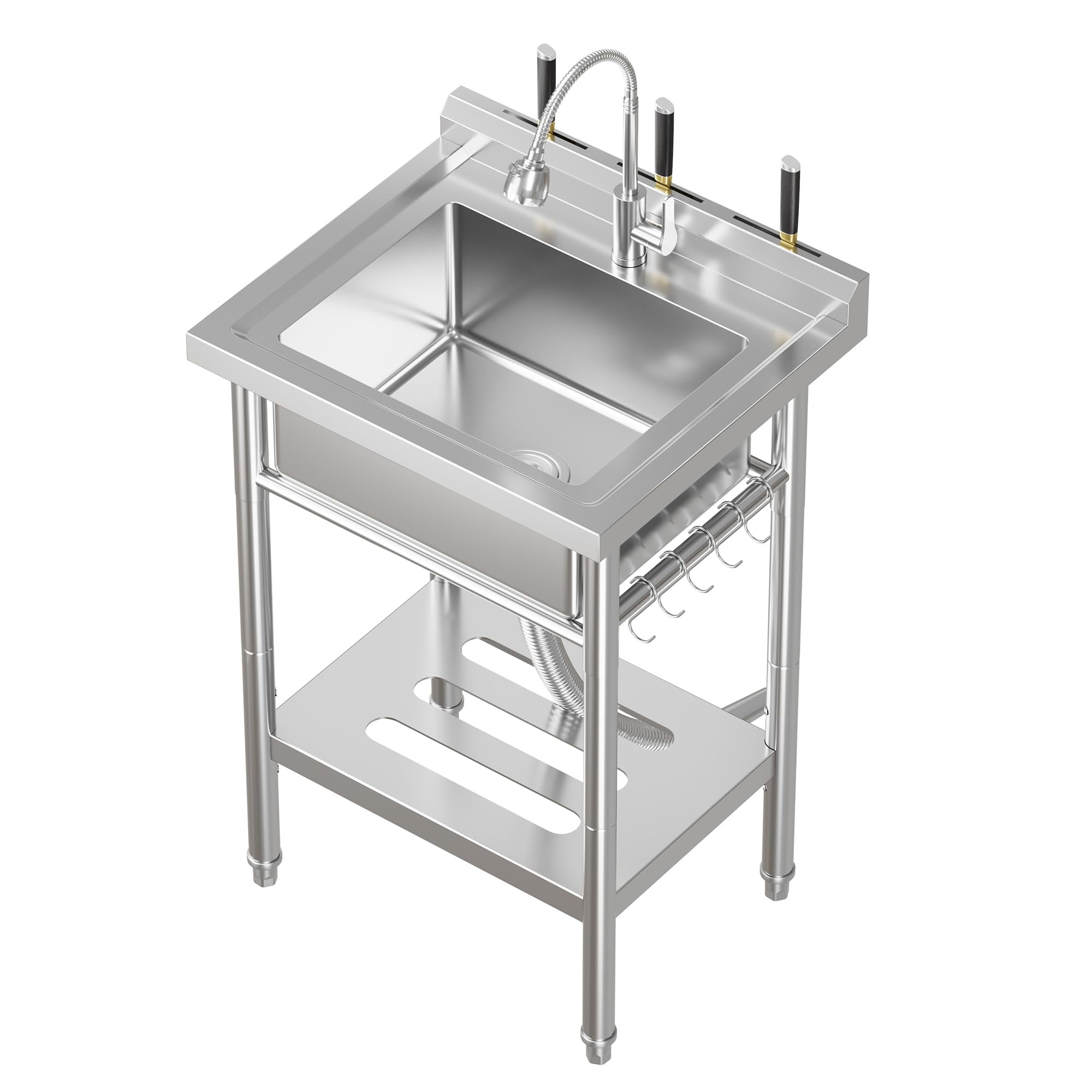 Accreate Freestanding Stainless Steel Utility basin with Faucet – 304 Single Bowl, Adjustable Legs, Storage Shelf, S-Hooks, Hot & Cold Water Pipes – Commercial Prep Kitchen/Laundry/Garage basin