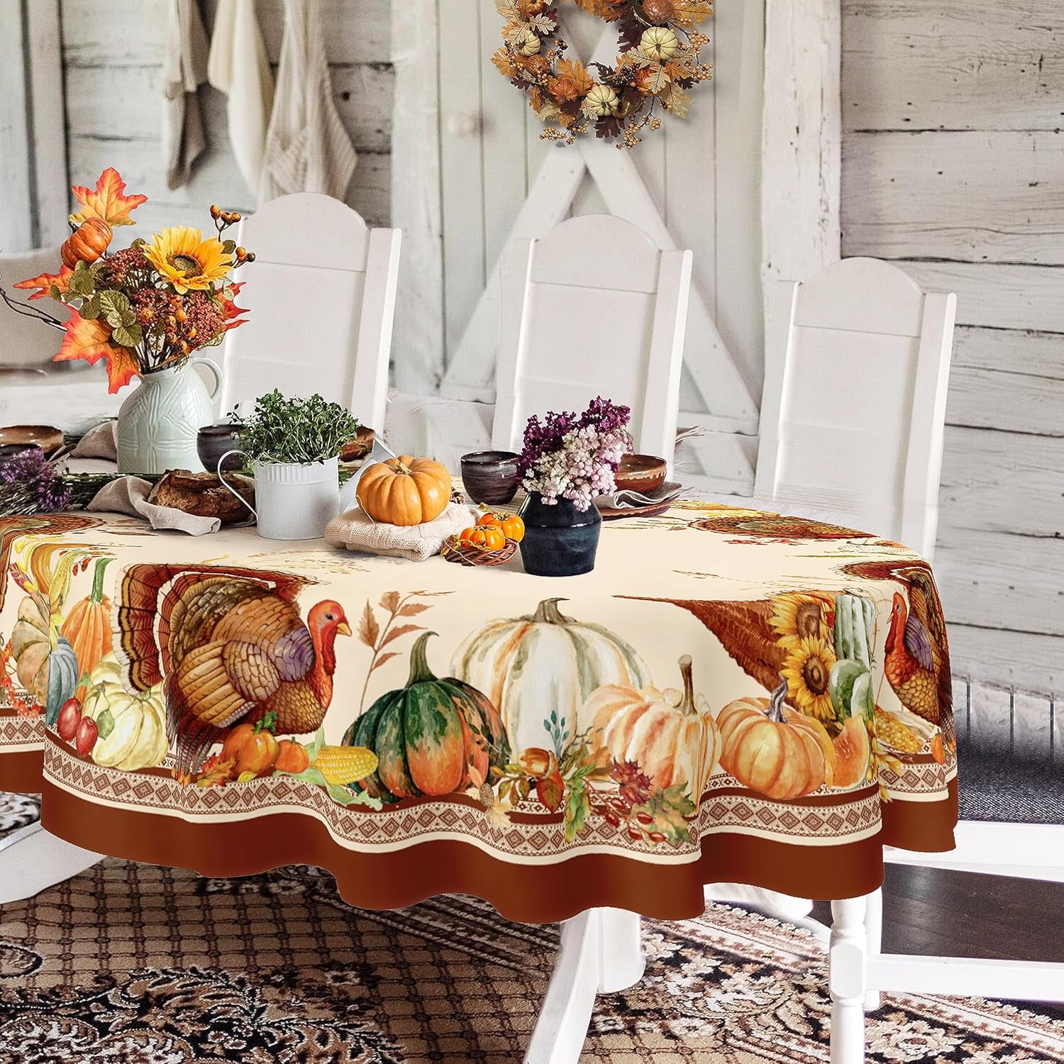 Oval Christmas Tablecloth, 60 x 84In, Poinsettia Snowflake Holiday
