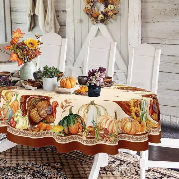 Oval Thanksgiving Tablecloth 60x84In,Autumn Harvest Pumpkin Sunflower Turkey Table Cloth,Polyester Waterproof Wrinkle Resistant Durable Tablecloth for Fall,Thanksgiving,Home Decor