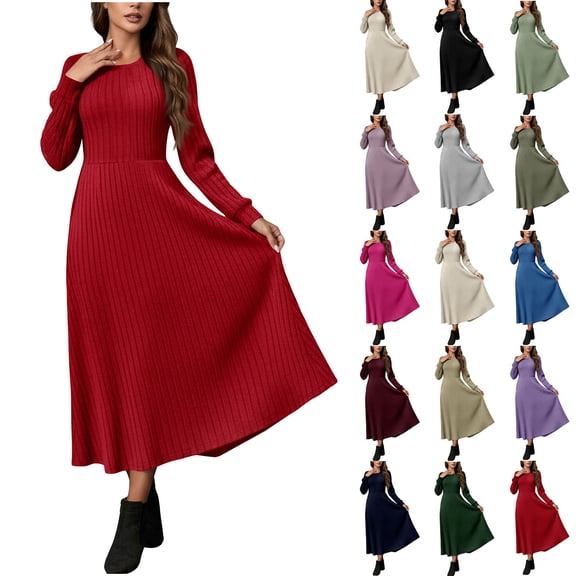 ZQUUVOU Women's Ribbed Sweater Dress Long Sleeve Round Neck Comfortable Maxi Tunic Business Casual Formal Outfits Khaki