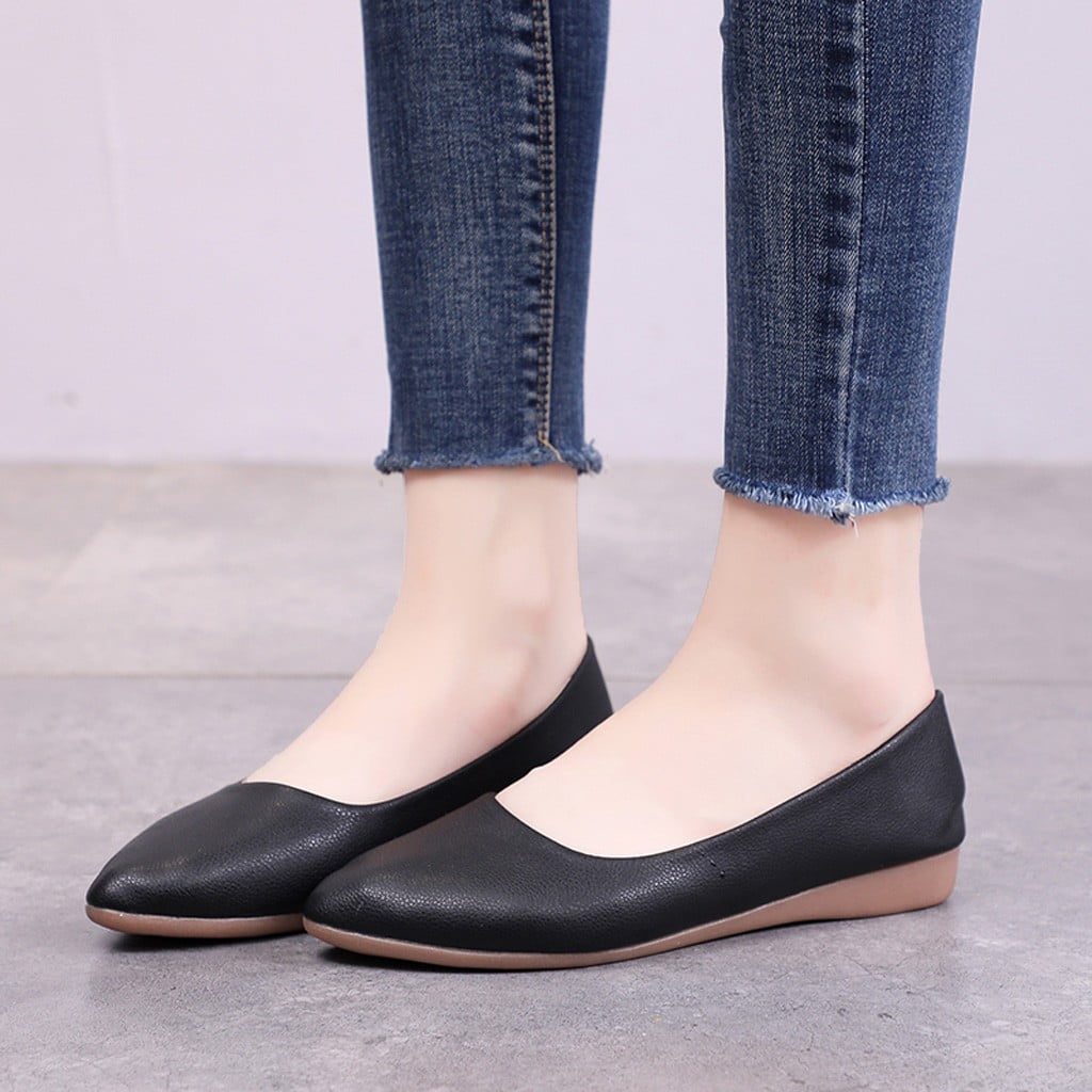 Women's Comfort Soft Slip On Shoes Casual Shoes Round Toe Flat Leather Pumps 
