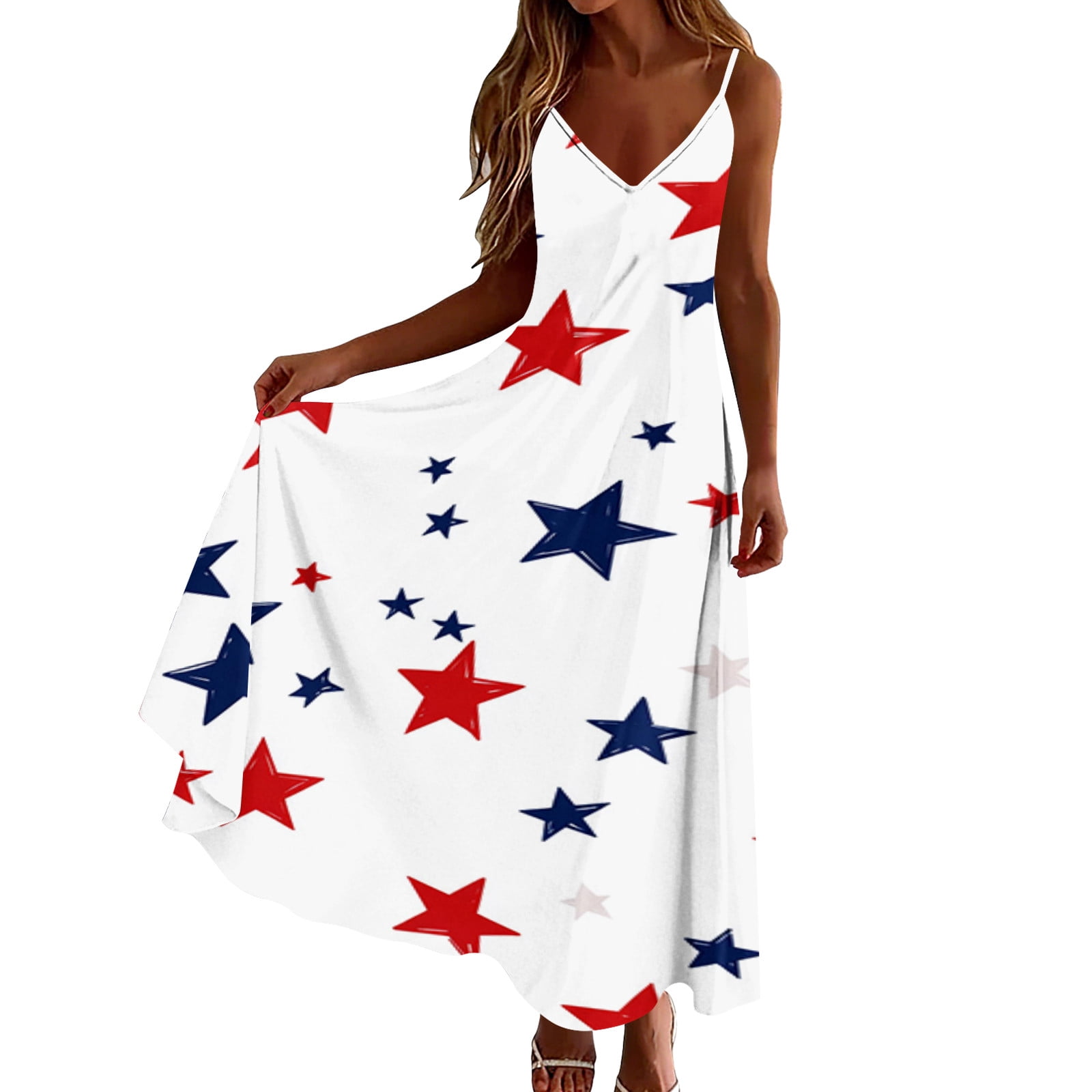 Plus Size Women 4th of July Sleeveless Dress Patriotic V Neck Maxi Dresses Spaghetti Strap Beach Long Dresses