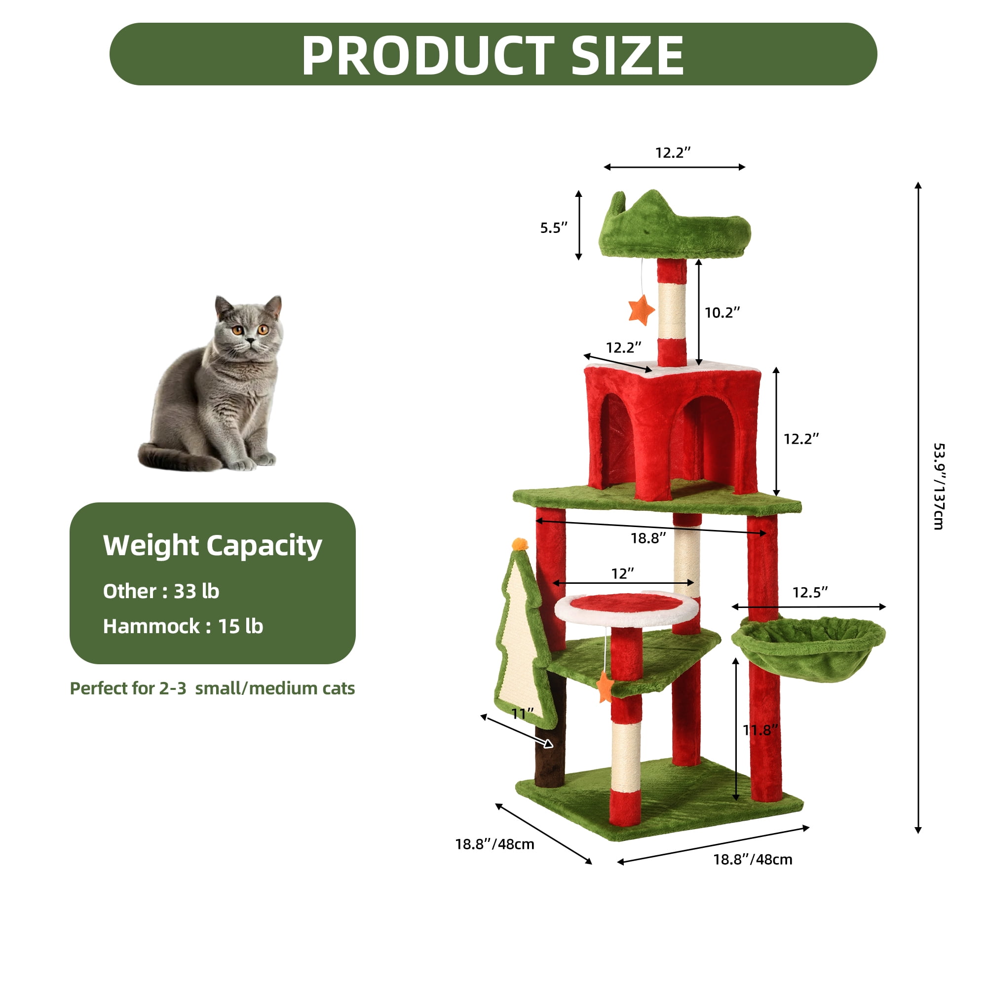 Uforic 54" Christmas Cat Tree Tower with Hammock, Sisal Scratching Posts and Top Perches ,Cat Condos for Indoor Cats