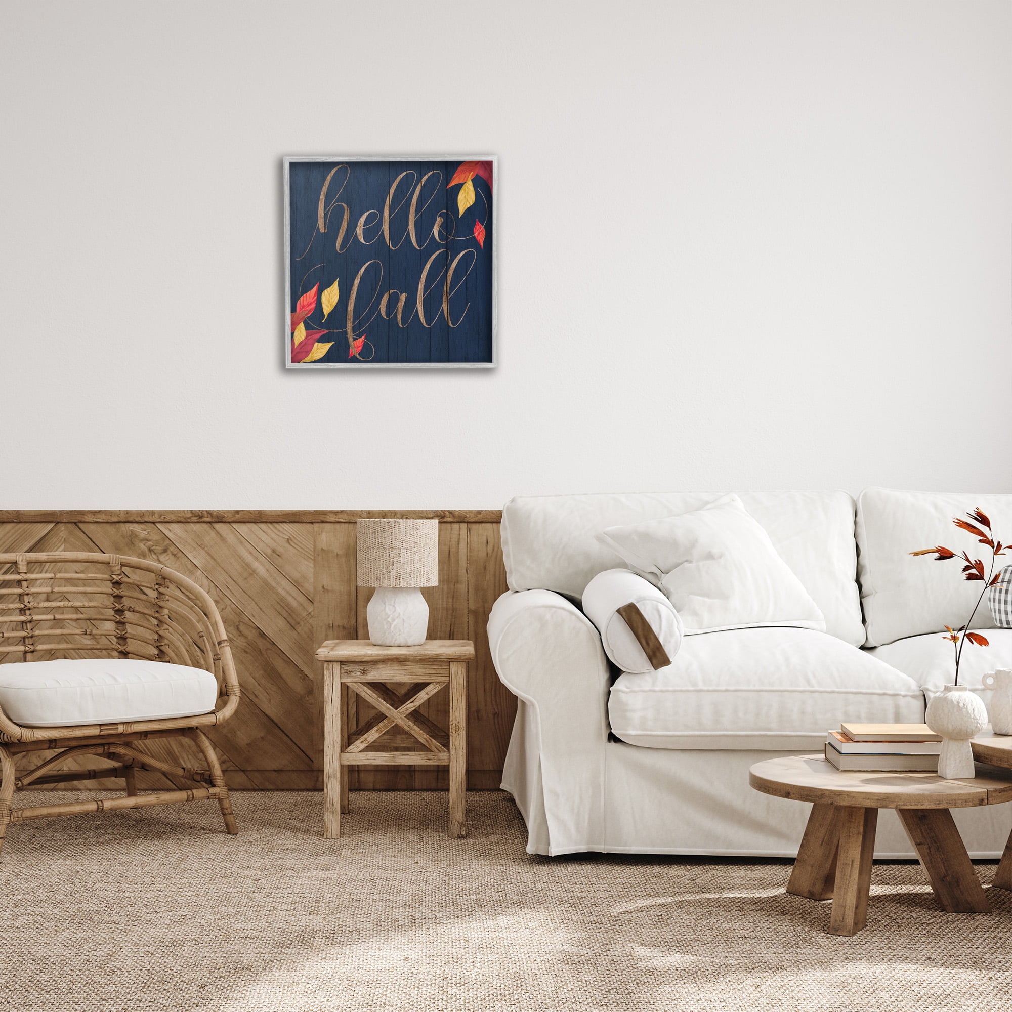 Stupell Industries Hello Fall with Autumn Foliage Inspirational Painting Gray Framed Art Print Wall Art, 24 x 24