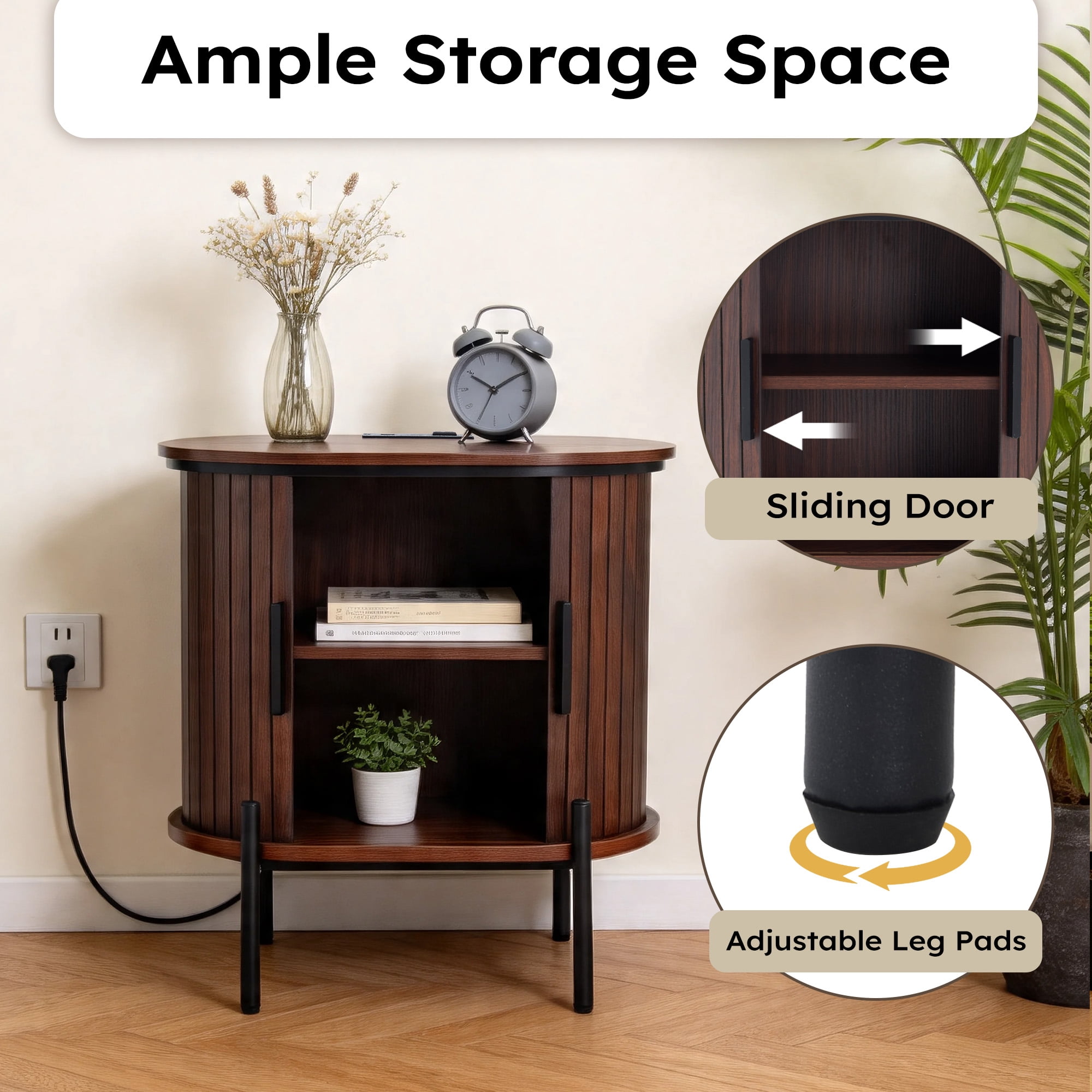 Ebello Nightstand with Built-in Charging Station, Modern Oval End Table with Storage, Sliding Door & Raised Base for Bedroom and Entryway, Walnut