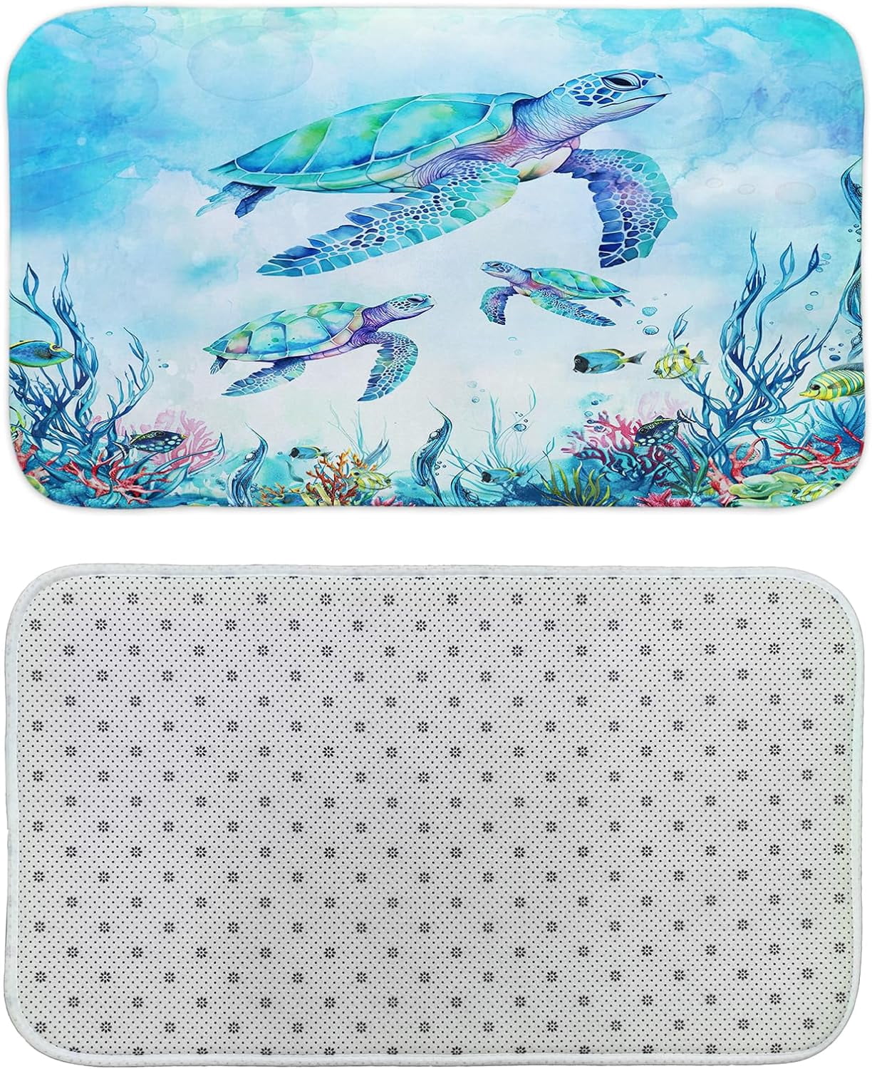 Beach Sea Turtle Bath Mat Rug for Kids Bathroom, Blue Coastal Ocean Beachy Tropical Fish Bathroom Floor Rugs Mats Non Slip Kitchen Indoor Nautical Aqua Decor Decoration Accessories 17X29 in