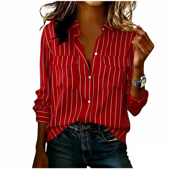 LEKWK Womens Work Shirts Regular Fit Collared Long Sleeve Shirts Vertical Striped Blouses Dual Pocket Detail Business Professional outfits