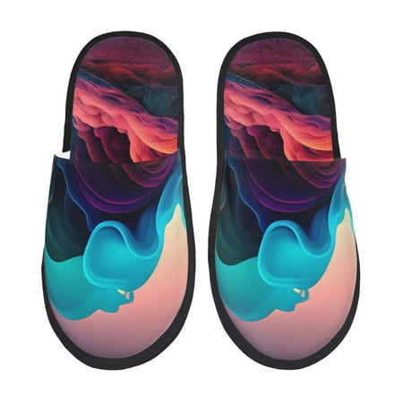 

Qekee Colorful Surreal Landscape Print Furry Slippers for Women and Men House Slipper Funny Bedroom Slippers Indoor -Large
