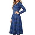 thumbnail image 2 of JUUNthy Women Plaid Midi Dress, Ruffle Collar Long Sleeve High Waist Pleated A-Line Vintage Casual Flowy Dress Brown L, 2 of 11