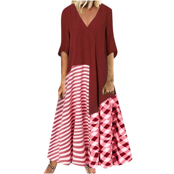 Maxi Dress for Women Half Sleeve V-Neck Trendy Printing Long Dress Summer Casual Loose Pleated Flowy T Shirts Dress
