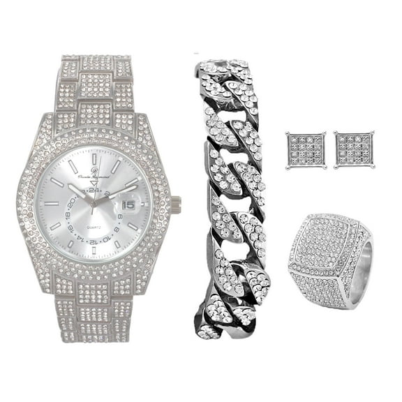 Charles Raymond Blinged Out It's Lit! Hip Hop Watch & Jewerly Set w/Cuban Chain Bracelet, Kite Iced Out Earrings & Ring - GJM13, ST10328, Silver, Ring Size 10