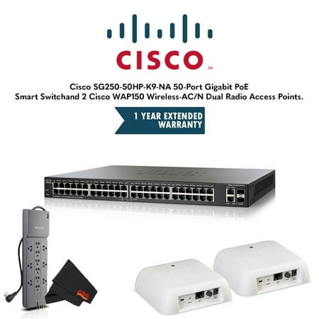Cisco SG250-50HP-K9-NA 50-Port Gigabit PoE Smart Switchand 2 Cisco WAP150 Wireless-AC/N Dual Radio Access Points Plus 1 Year Extended Warranty and Belkin Powerstrip (Best Dual Radio Router)