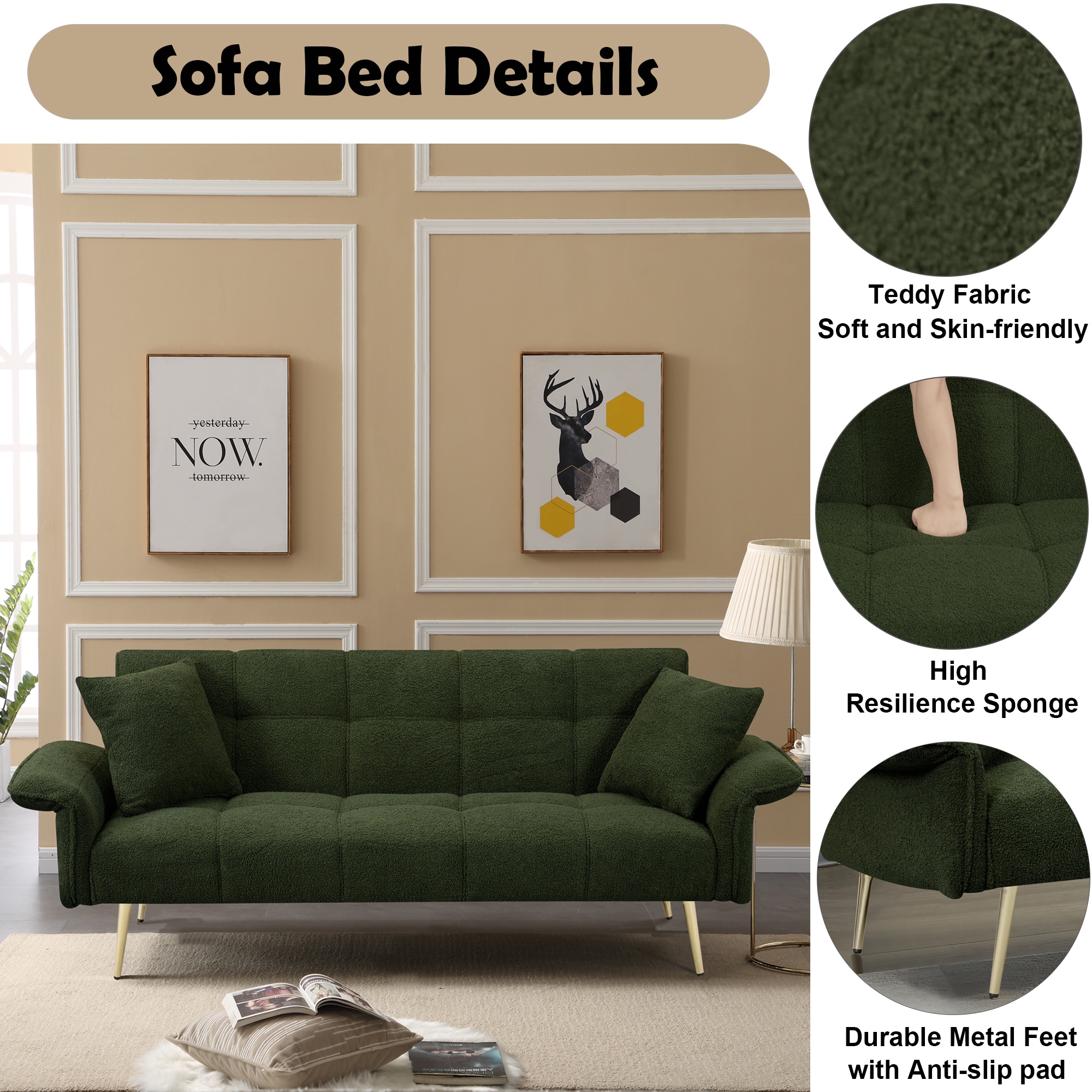CARZZI 70" Upholstered Teddy Loveseat Sofa, Convertible Futon Sofa Couch with Adjustable Arms, Deep Seat 2 Seater Comfy Cushion Love Seat for Small Space Living Room Bedroom Apartment, Green