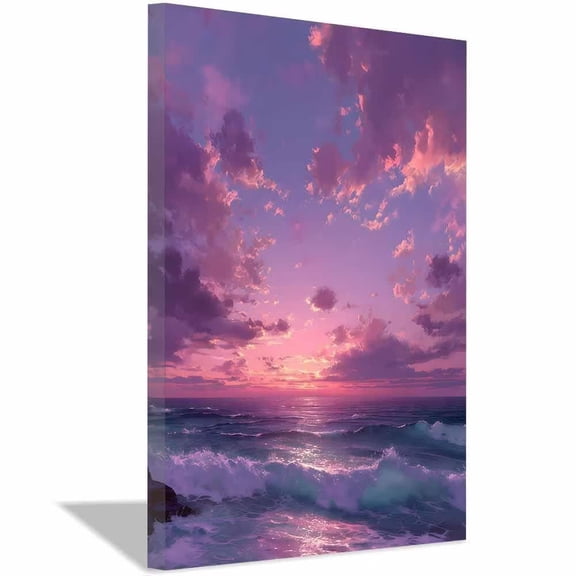Purple Pink Ocean Sunset Canvas Wall Art,Dramatic Sky Wave Prints Painting,Modern Coastal Wall Decor for Living Room Bedroom Office Home Decor,Framed Ready to Hang-12"L x 8"W