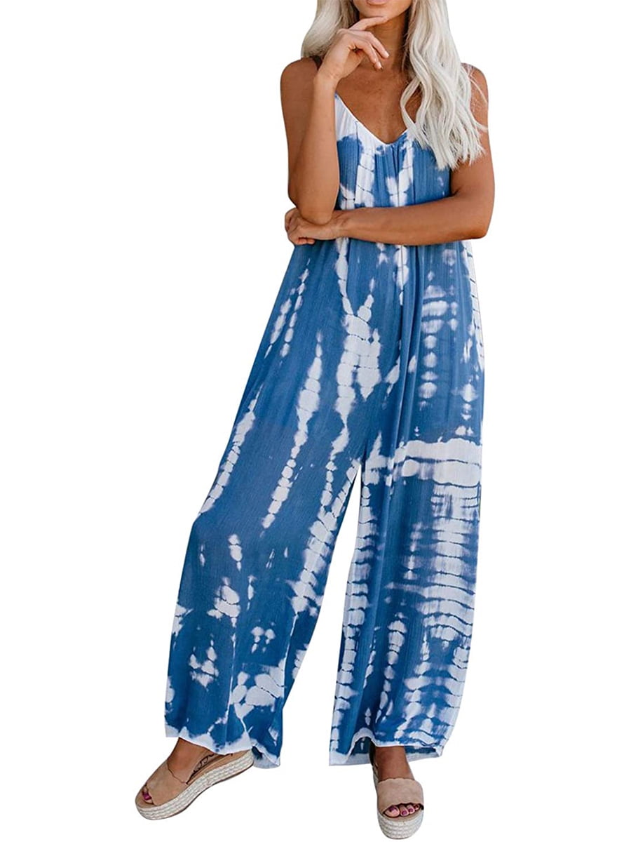 Selfieee Women's Boho Print Loose Long Pants Capri Jumpsuit Rompers with Pocket 10001 Blue Large Selfieee Women's Boho Print Loose Long Pants Capri Jumpsuit Rompers with Pocket 10001 Blue Large