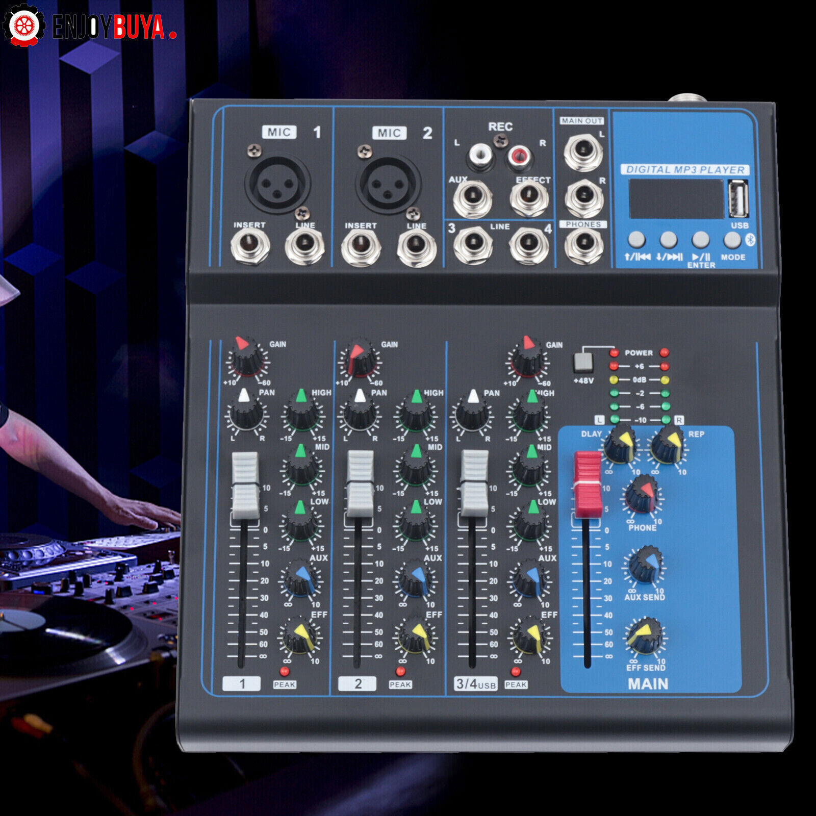 4-Channel Mixer Bluetooth Studio Audio Mixer DJ Live Sound Mixing Console USB