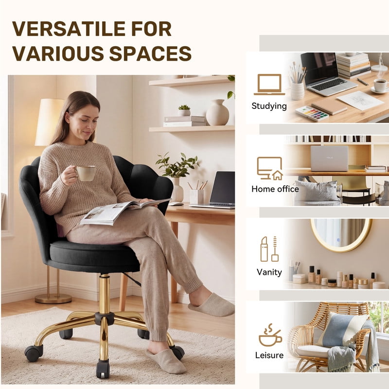 Hawsaiy Shell Back Home Office Chair with Lumbar Pillow, Modern Upholstered Desk Chair with Gold Metal Base, Swivel Adjustable Computer Chair for Home Office, Black