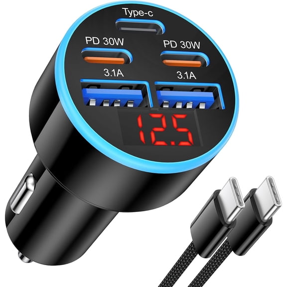 USB C Car Charger, 5-Port 90W Fast Cigarette Lighter Adapter with Voltmeter Dual 30W USB-C & USB-A Multiport Car Charger Adapter with 6FT Type C to C Cable for iPhone 17 16 15 Pro Max,iPad,Galaxy,Pix