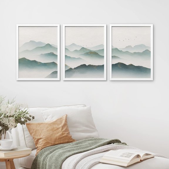 PixonSign Framed Canvas Print Wall Art Set - Watercolor Mountain & Green Pastel Range Art - Set of 3 Nature Wilderness Landscape Wall Décor for Living Room, Bedroom - 12"x16"x3 Panels White