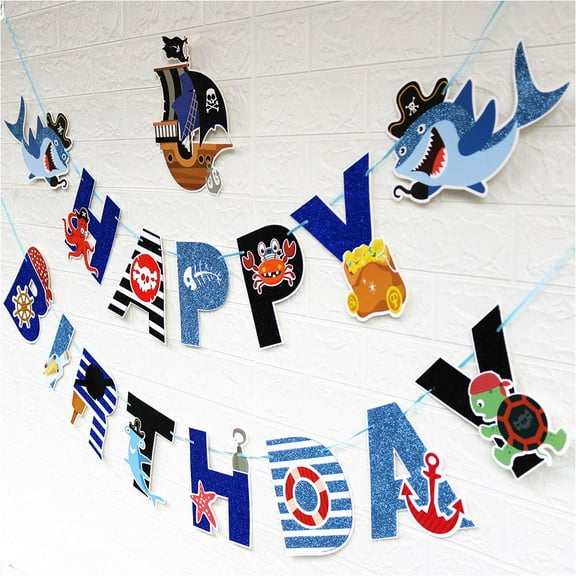 FOLOYORI 1Set Pirate Themed Party Supplies Cartoon Design Black Blue Birthday Party Banner 12x10.9in