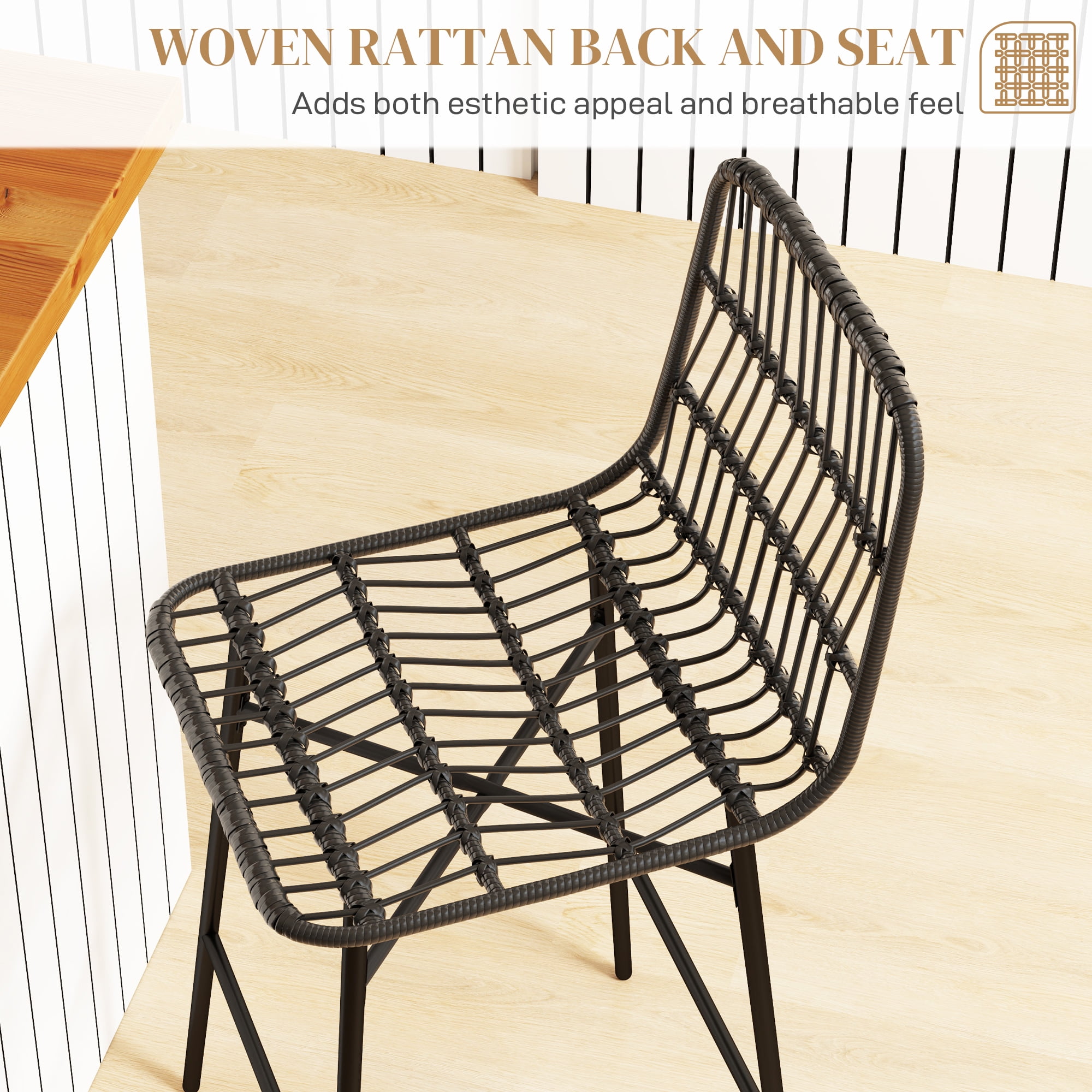 HOMCOM Rattan Counter Height Bar Stools Set of 2, 26" Wicker Barstools with Back, Bar Chairs for Kitchen Island, Kitchen Counter, Dining Room, Black