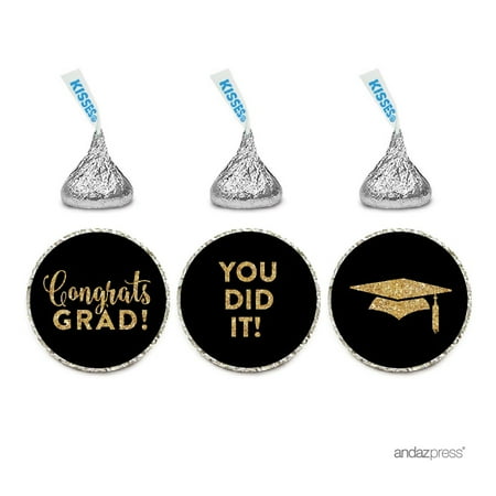 - Chocolate Drop Labels Trio, Fits Hershey's Kisses Party Favors, Congrats Grad! Black and Gold Glitter, 216-Pack