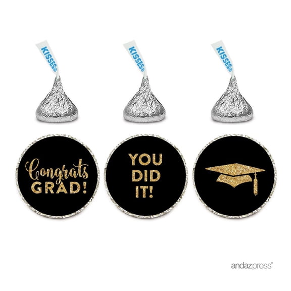Chocolate Drop Labels Trio, Fits Hershey's Kisses Party Favors, Congrats Grad! Black and Gold Glitter, 216-Pack