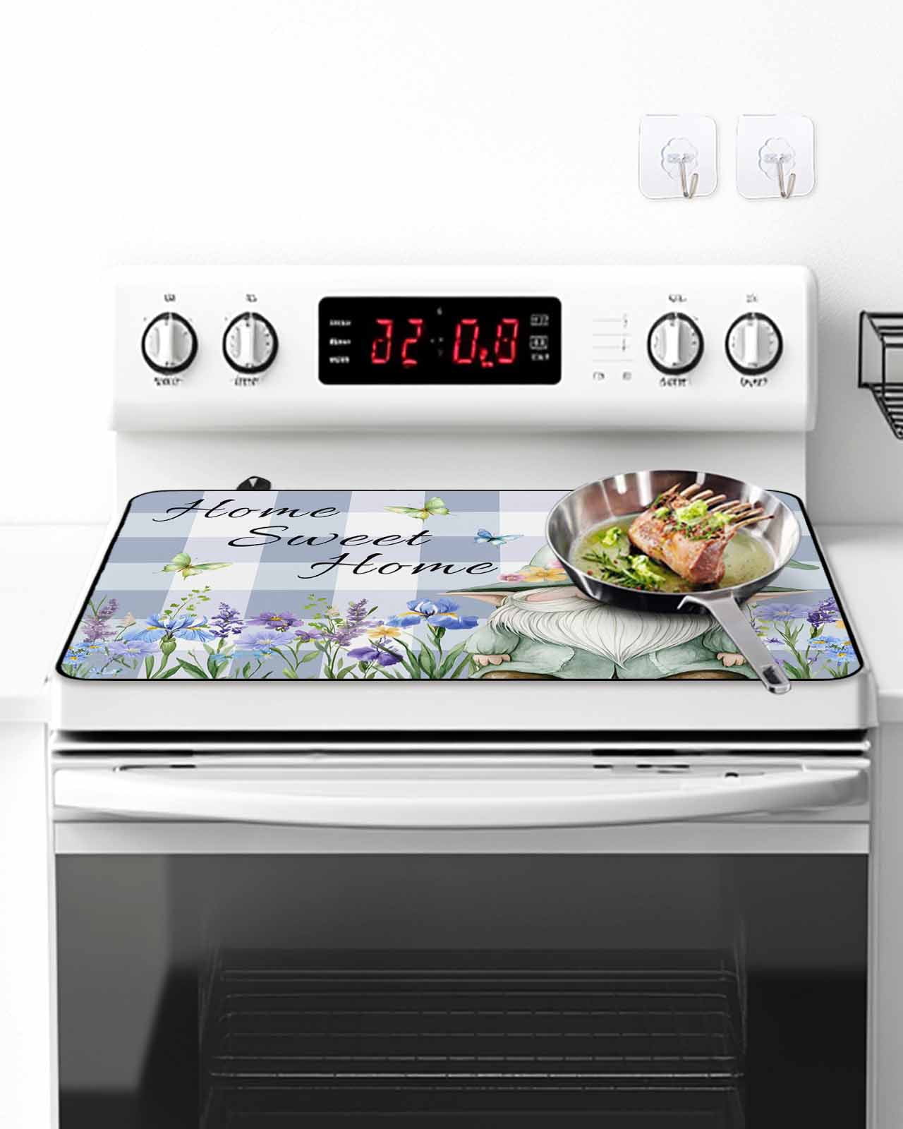 Stove Top Covers for Electric Stove 31x24 Inches, Spring Gnomes Heat Insulation Fireproof Glass Cooktop Protector, Botanical Flowers Purple Buffalo Plaid Countertop Stovetop Cover for Kitchen