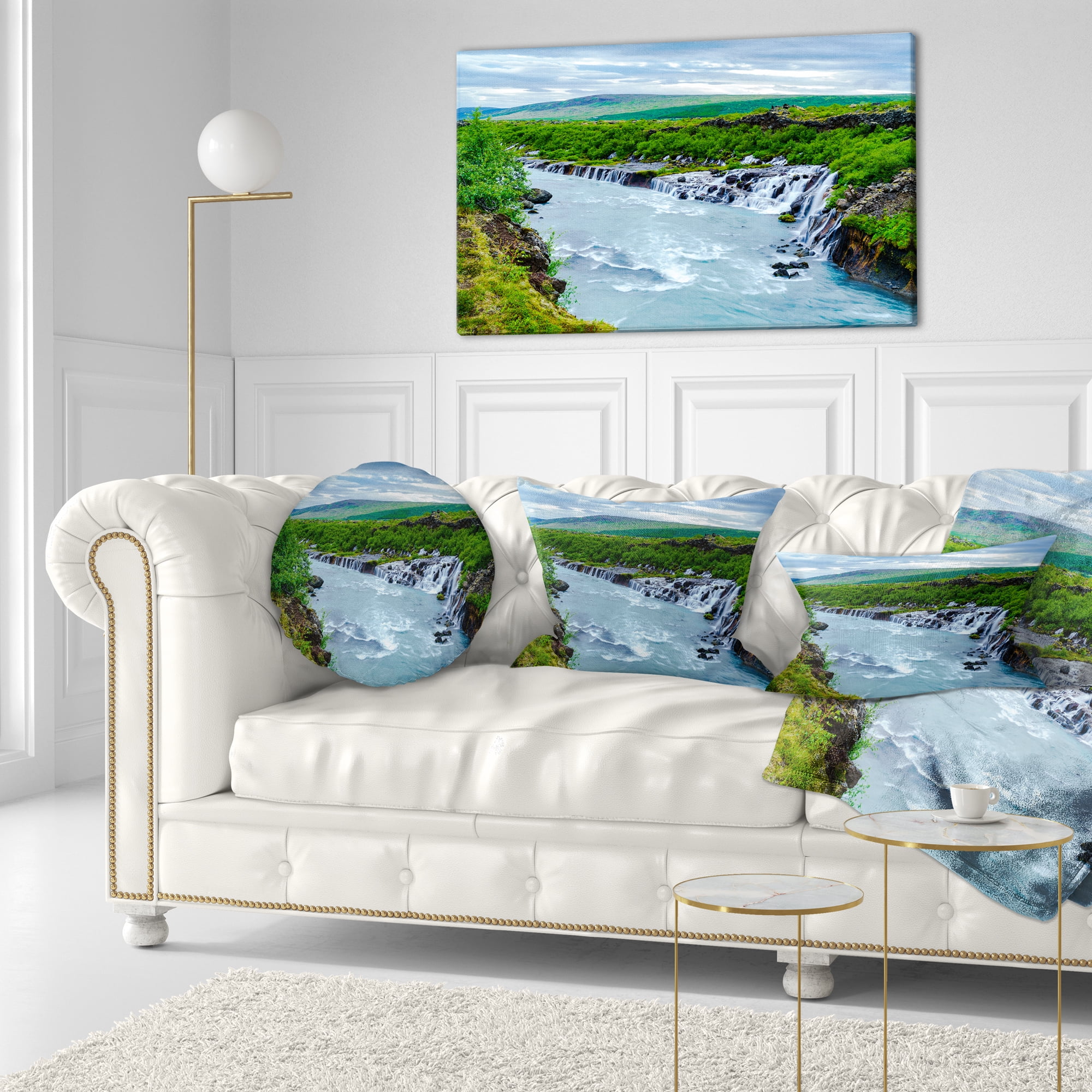 Designart Hraunfossar Waterfall Iceland - Modern Landscape Printed Throw Pillow - 12x20