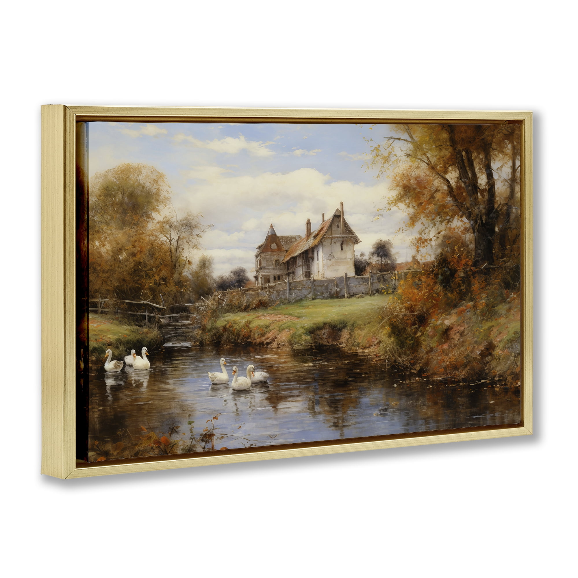 Stupell Industries Ducks in Cottage River Landscape & Nature Painting Gold Floater Framed Canvas Art Print Wall Art, 25 x 17