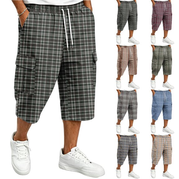 Hearthz Mens Cargo Short Wide Leg Men's Capri Pants Gym Workout Running Beach Loose 3/4 Shorts Gingham Plaid Men's Cargo Pants