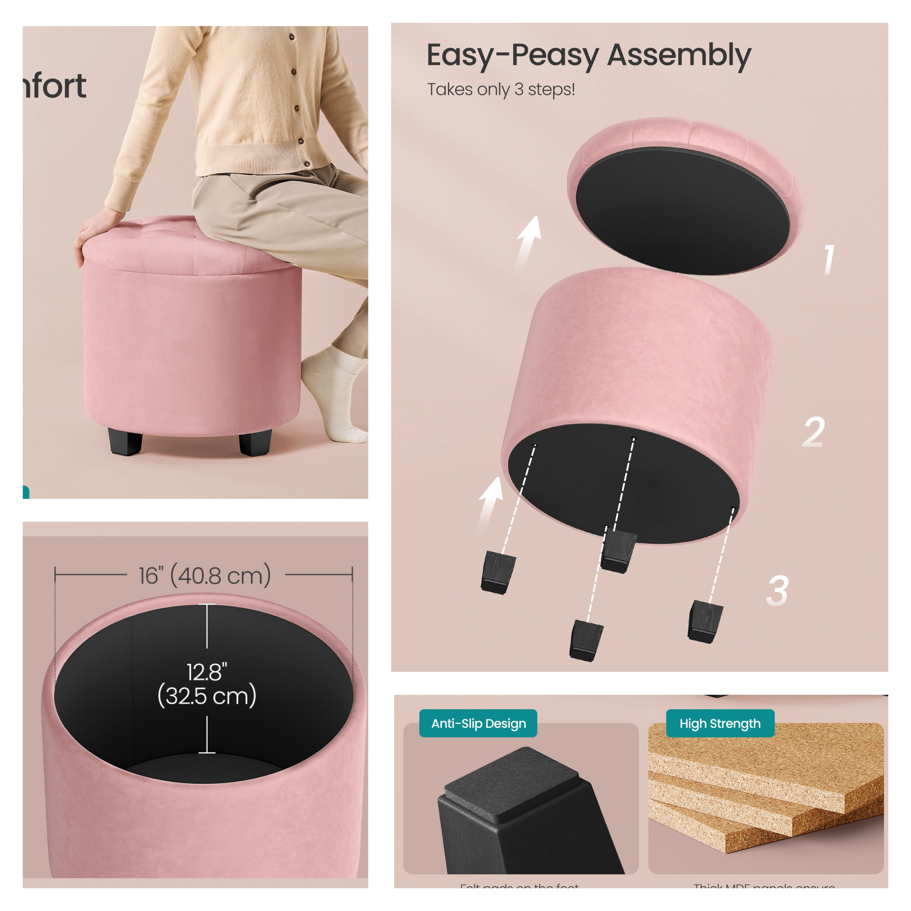 LEDREM Round Velvet Storage Ottoman - 17.7" Foot Rest Stool with Hidden Compartment, 330lb Capacity, for Living Room, Bedroom, Dorm, Jelly Pink