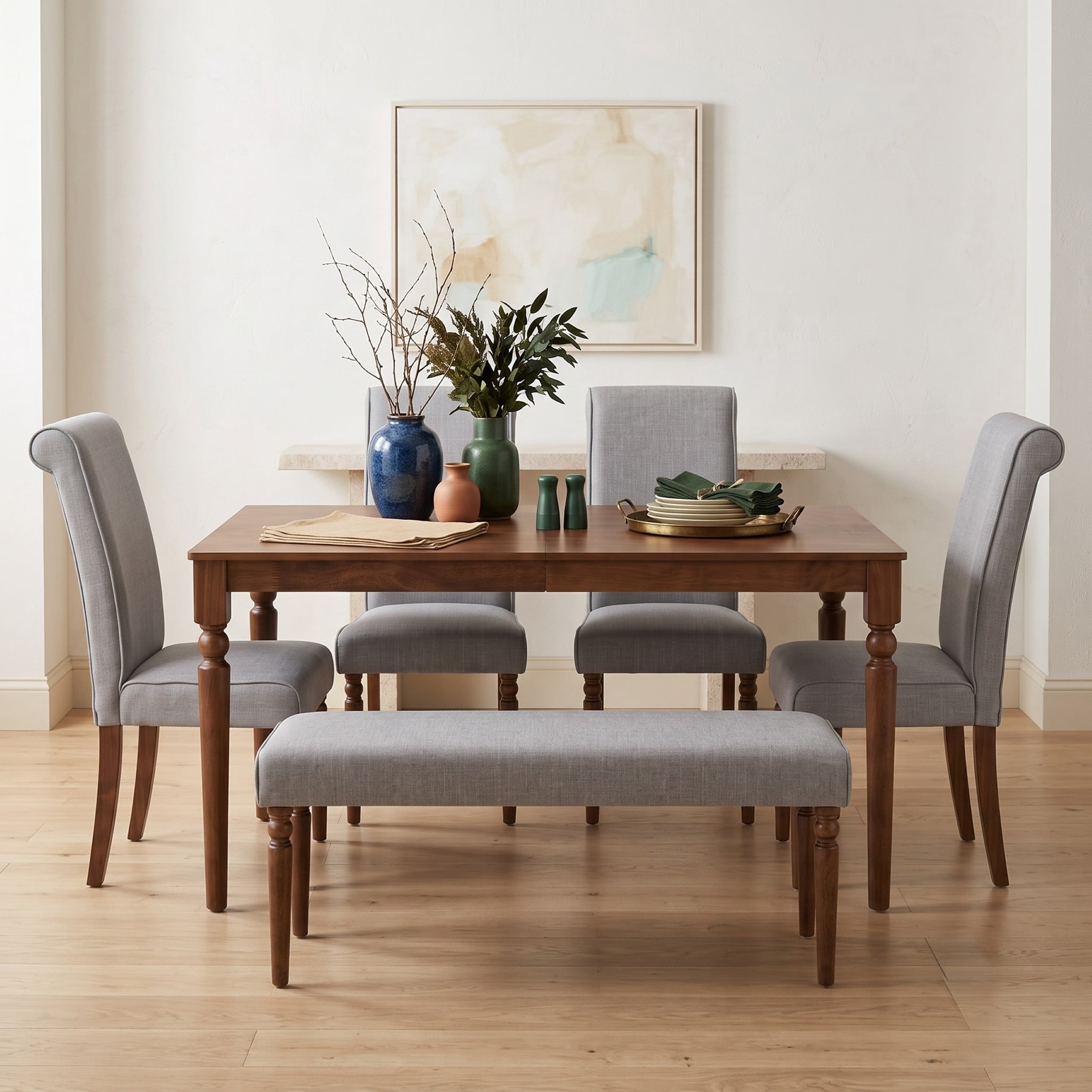 Home Design Pryor 6-Piece Dining Table Set- Rectangular Table, Upholstered Chairs and Bench, Modern Turned Legs Design, Black