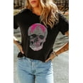 thumbnail image 3 of Women's Black Rhinestone Skull Graphic Crew Neck T-Shirt, 3 of 7