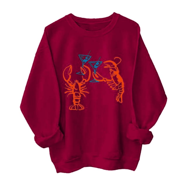 Women's Lobster Print Retro Patterned Hoodless Sweatshirt Long Sleeve Crewneck Pullover Top