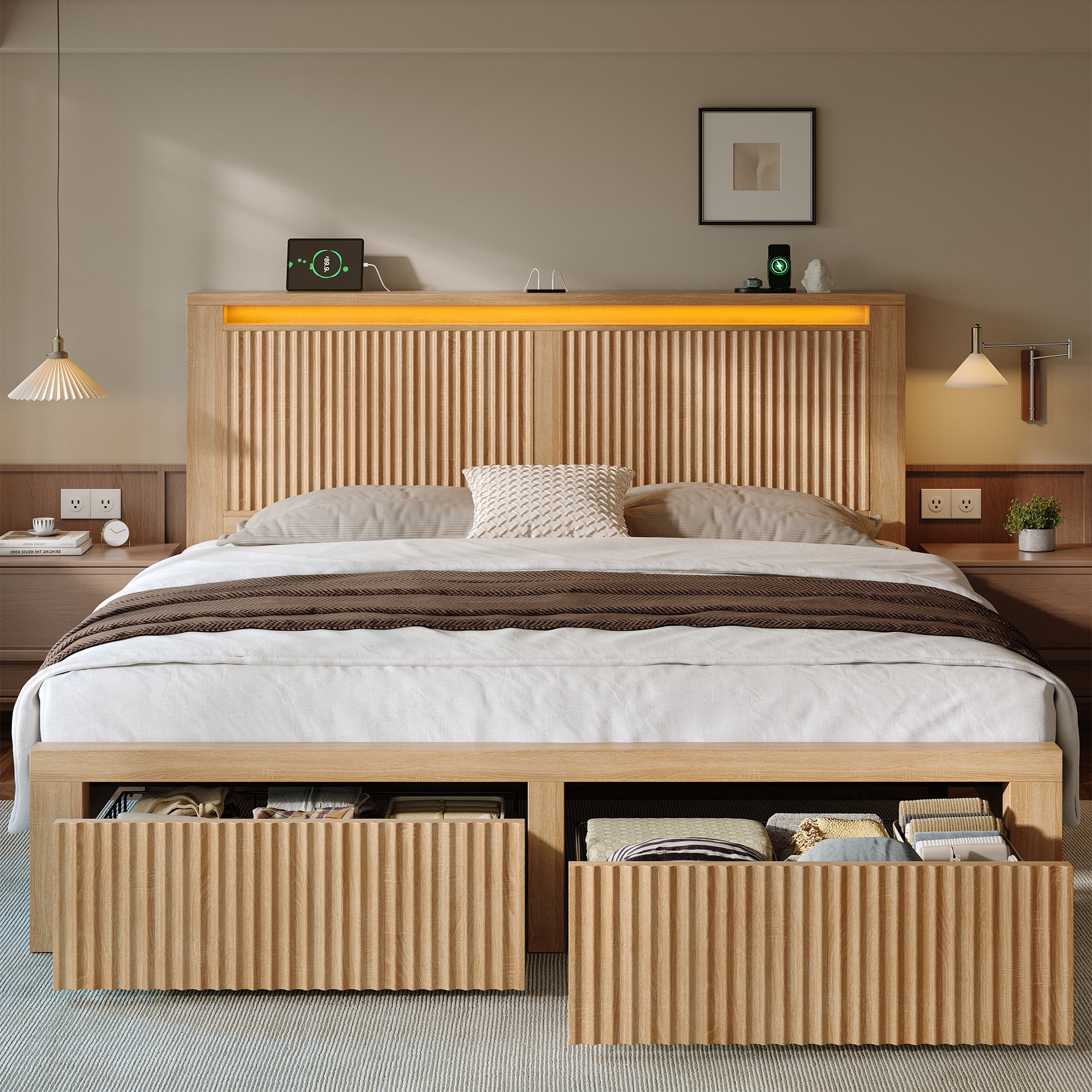 EnHomee Wood Bed Frame Queen with Headboard Bed Frame with Storage Shelf and Drawers Farmhouse Bed Frame with 2 Drawers & Charge Station & LED Light, Rustic Oak
