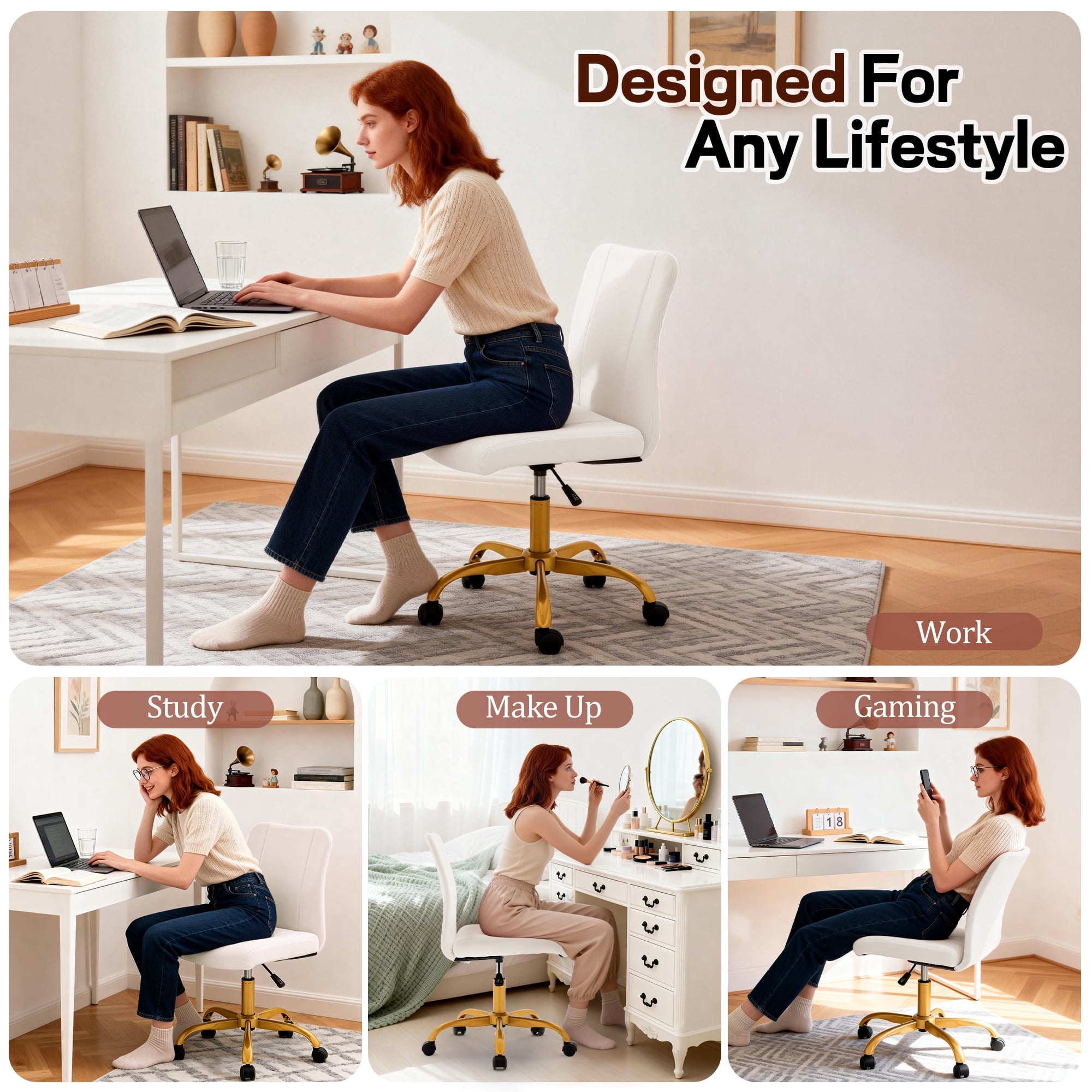 Korser Armless Home Office Desk Chair with Back Modern Vanity Chair with Adjustable Height,360° Swivel Task Chair,Velvet,Beige