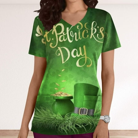 

Ozmmyan Womens Tops St Patricks Day Scrubs for WomenSt Patrick s Day Fashion Women s V-Neck Casual Short Sleeve Printed Pockets Ladies Tops Blouse