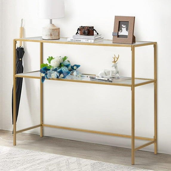 UWR-Nite 39.4" Console Sofa Table, Modern Entryway Table, Tempered Glass Table, Metal Frame, 2 Shelves, Adjustable Feet, for Living Room, Hallway