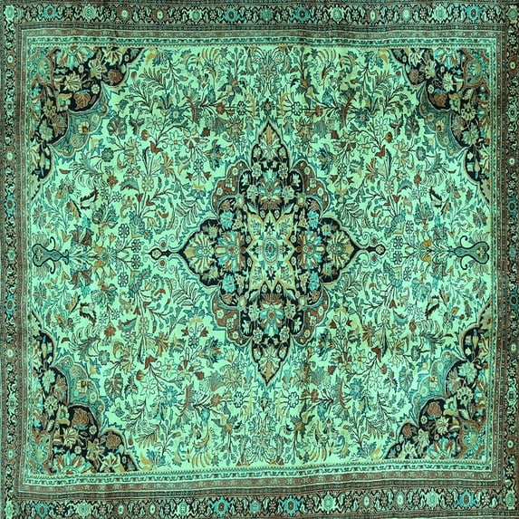 Ahgly Company Machine Washable Indoor Square Medallion Turquoise Blue Traditional Area Rugs, 6' Square