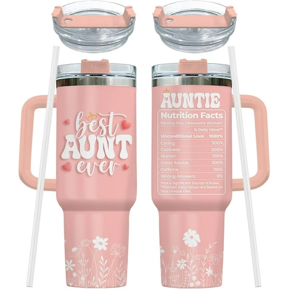 Best Auntie Ever Tumbler with Handle and Straw, 40oz Stainless Steel Aunty Mug, Aunt Coffee Cup, Aunt Birthday Mothers Day Gifts from Nieces and Nephew