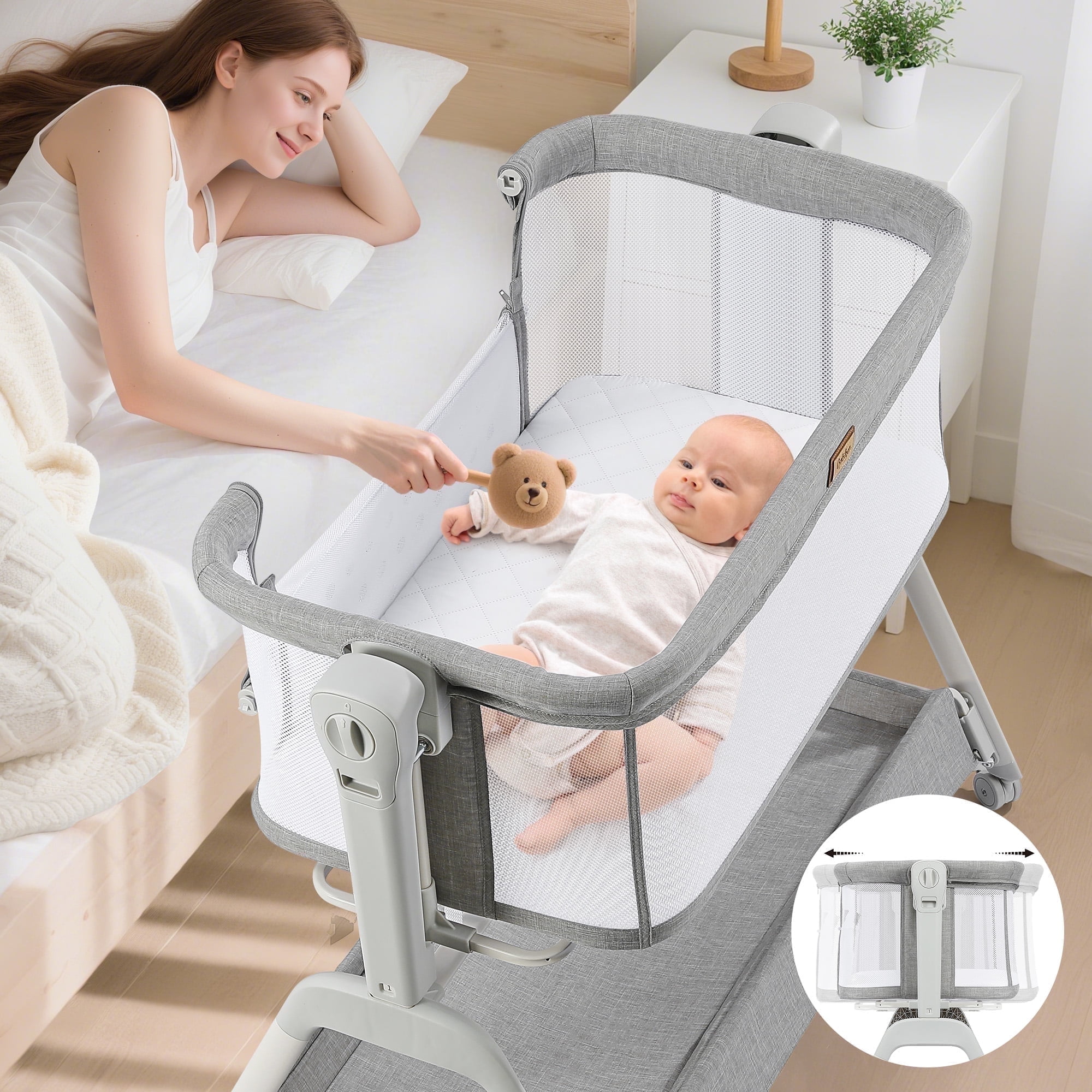 Baby Bassinet, Bobiber 3-in-1 Baby Bassinet Bedside Sleeper with Rocking and Adjustable Height, Storage Basket, Wheels, for 0-24 Months, Grey