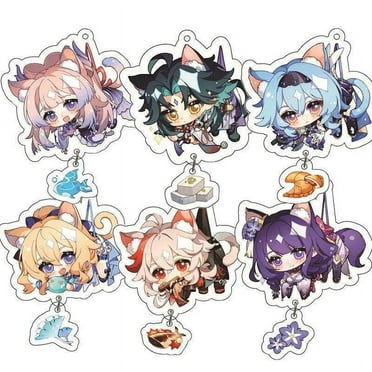 Genshin Impact Figure Cute Q Version Character Keychain Set 6Pcs Acrylic Figure Keychains Anime Merch Keyring