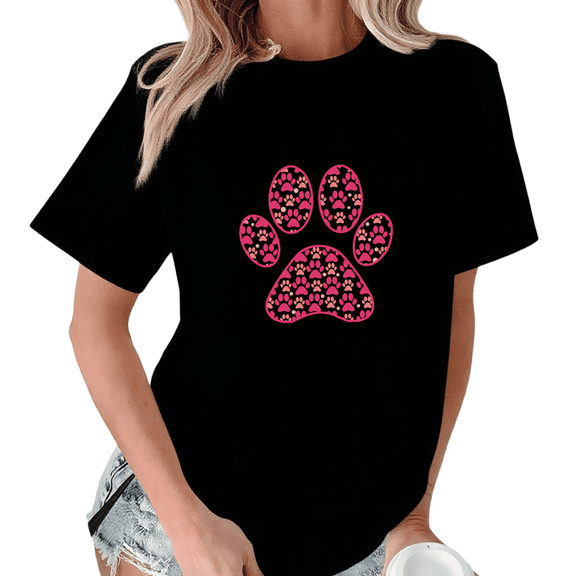 Black Boho Pink Dog Paw Print Tshirt Graphic Tees Shirts Pet Lover Classic Daily S-5XL Tops