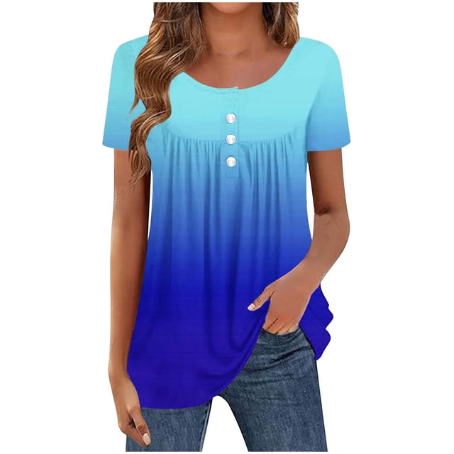 Mujeres de Verano Tops de Manga Corta Impresa Casual Cuello Redondo Plisado Superior 95% Poliéster 5% Spandex, Blusa de Moda para Todas las Estaciones