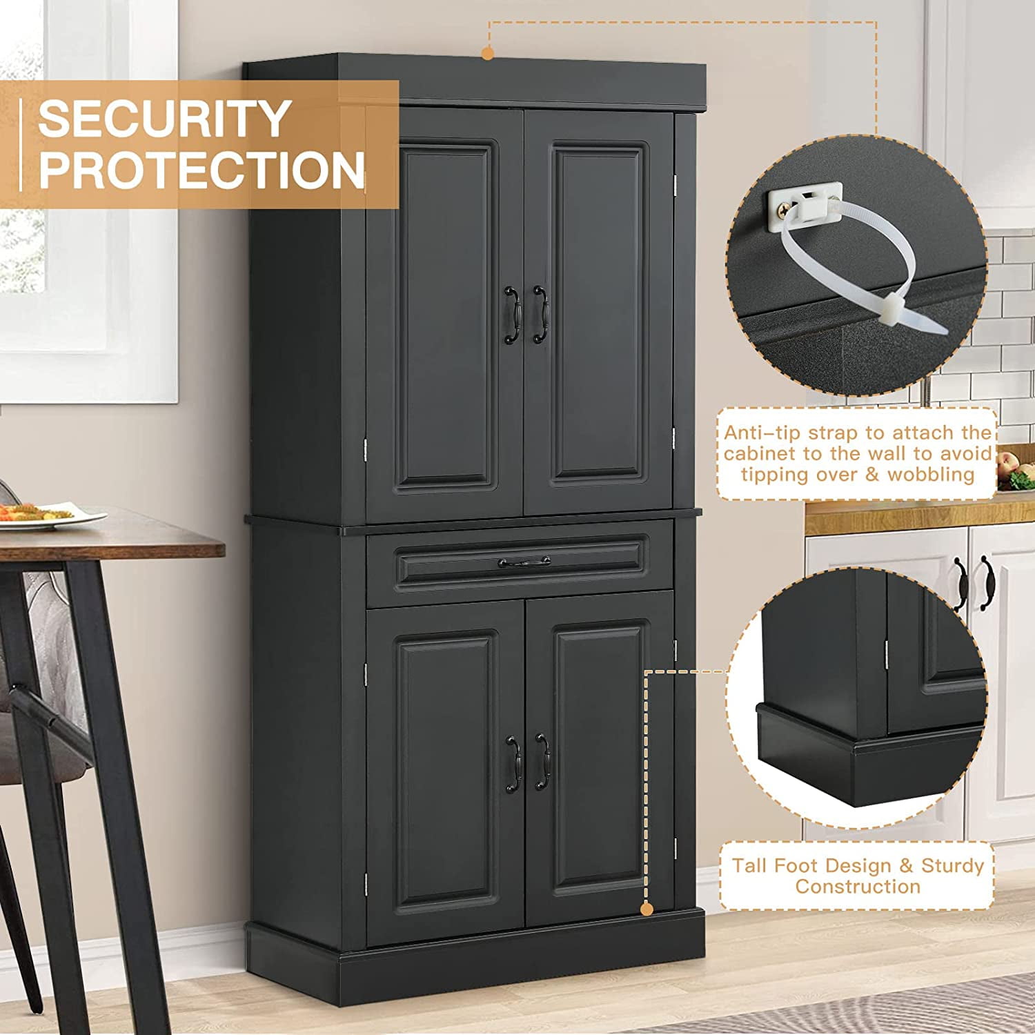 Yoleny 71'' Freestanding Kitchen Pantry Cabinet, Tall Storage Cabinet with Drawer and Adjustable Shelves, 2-Door Floor Cupboard for Kitchen Bathroom Study Hallway, Black - 1