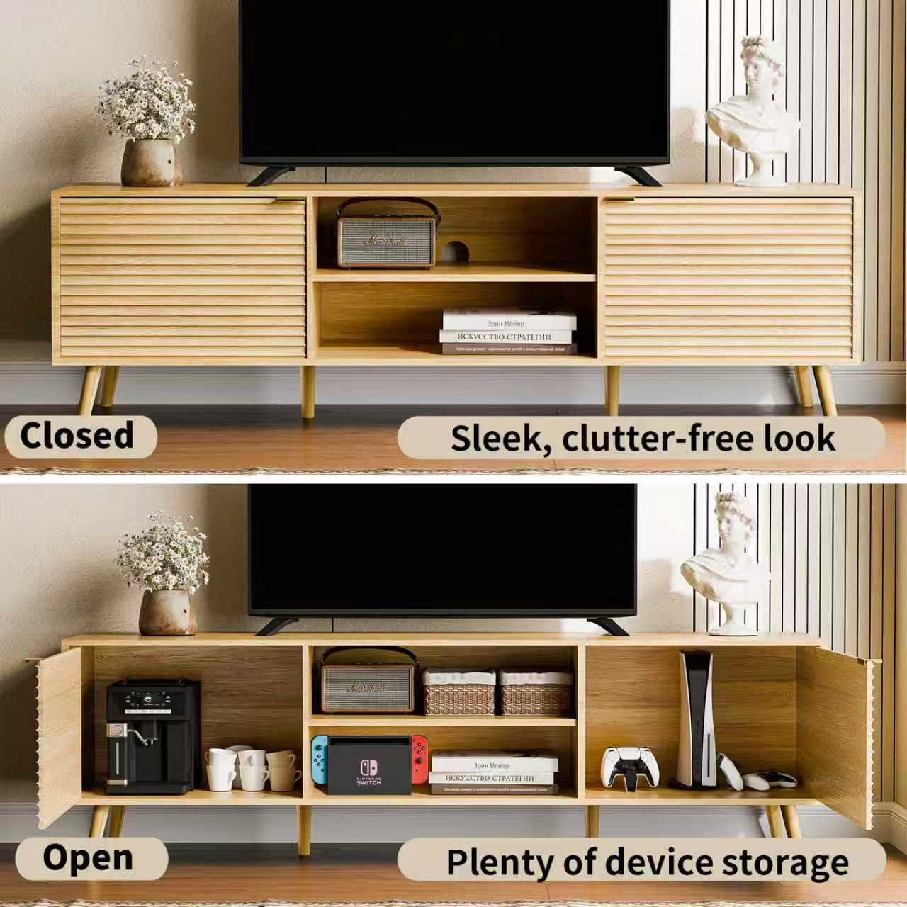 TV Stand for 40-65 inch TVs, Modern Entertainment Center with Storage Cabinet & Drawers, Heavy-Duty Wood Console Table with Cable Management, Easy Assembly for Living Room, Natural Oak